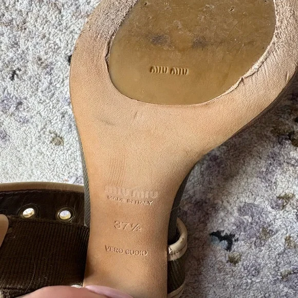 Y2K MIU MIU Double Buckle, Leather & Glitter, Olive Canvas Heels - Picture 12 of 16